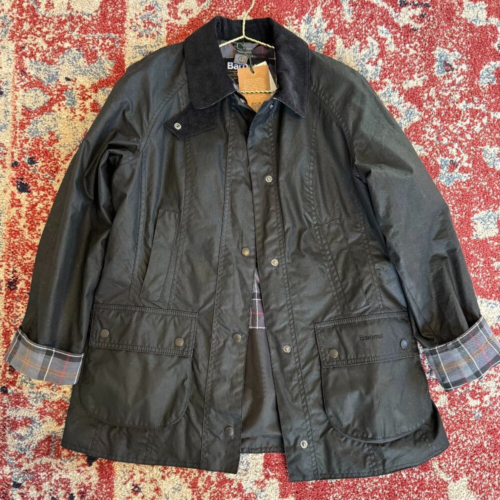 Barbour Black Waxed Cotton Utility Jacket with Corduroy Collar